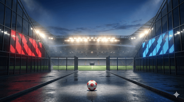 Dettaglio del pallone da calcio in uno stadio illuminato di notte prima di una partita.