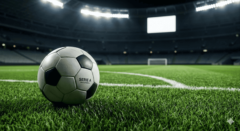 Un pallone da calcio ufficiale appoggiato sul prato verde e curato di uno stadio illuminato dai riflettori, pronto per il calcio d'inizio, senza alcun giocatore in campo.