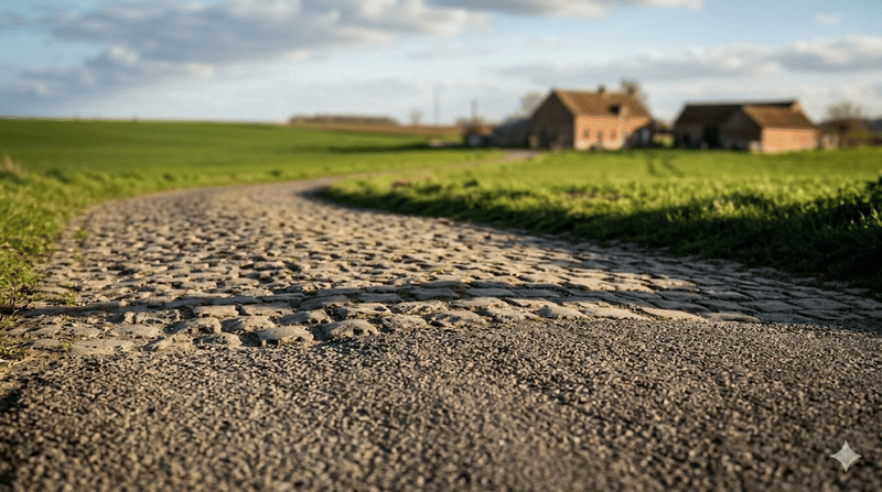 Dettaglio ravvicinato di una strada di campagna con pavé in salita nel nord della Slovenia, pronta per ospitare la corsa ciclistica.