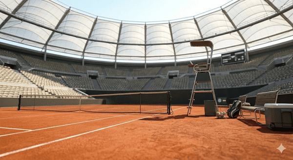 Visione laterale di un campo da tennis in terra battuta.