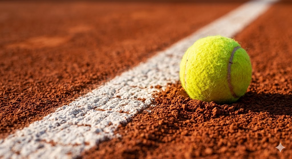 Dettaglio in macrofotografia di una riga bianca su un campo da tennis in terra rossa, con una pallina gialla illuminata da un forte sole pomeridiano.