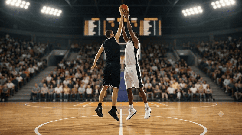 Palla a due tra giocatori di basket.