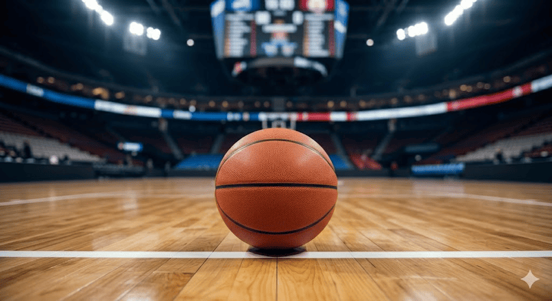 Un pallone da basket a spicchi posizionato sulla linea di tiro libero di un campo in parquet lucido con i riflettori di un'arena sportiva sullo sfondo.