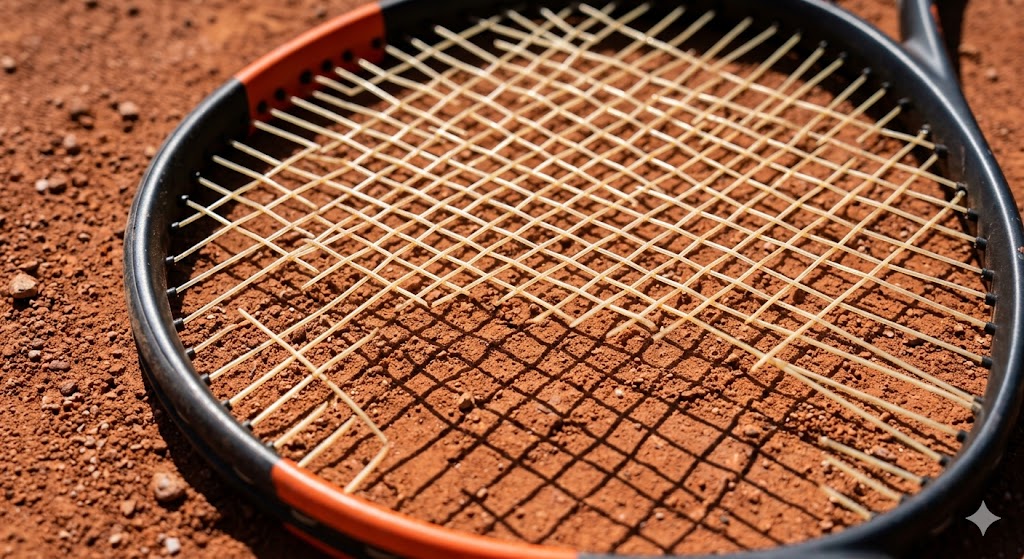 Dettaglio della cordatura di una racchetta da tennis appoggiata su un campo in terra battuta, con ombre nette generate dalla luce del sole.