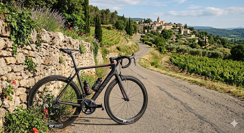 Bicicletta da corsa in fibra di carbonio appoggiata a un muretto di pietra lungo una pittoresca e ripida strada di campagna francese.