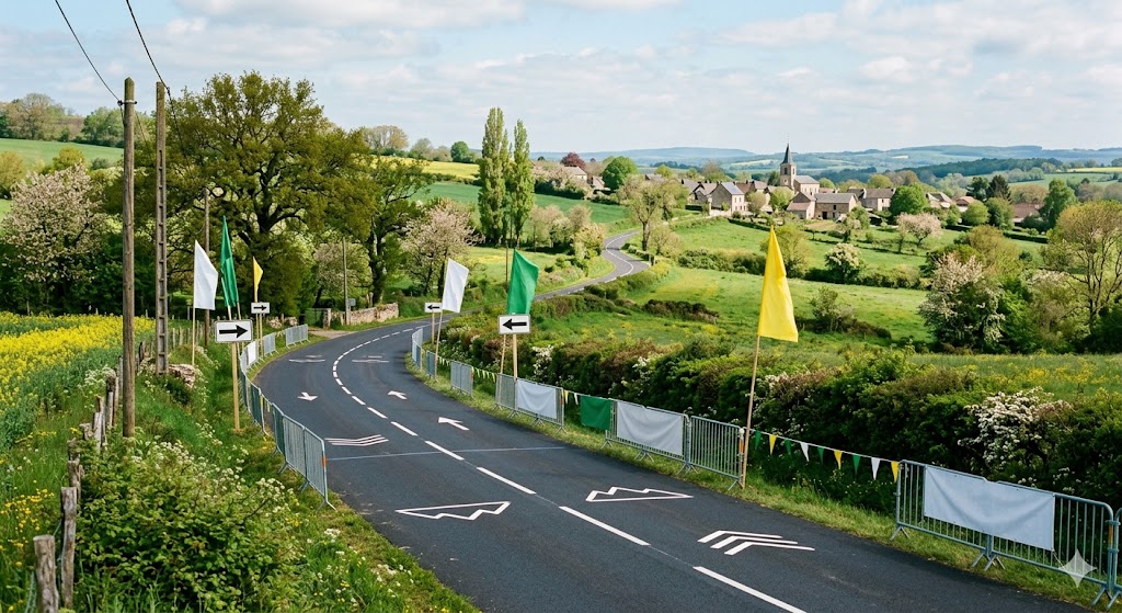 Fotografia paesaggistica e cinematografica di una tranquilla strada dipartimentale francese circondata dal verde primaverile, pronta per il passaggio di una gara ciclistica, la terza tappa della Boucles de la Mayenne 2026