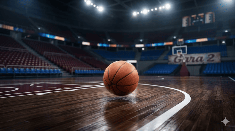 Un pallone da basket arancione in primo piano che rimbalza sul parquet lucido di un palazzetto dello sport vuoto. Le luci dell'arena illuminano il campo creando un'atmosfera tesa e sportiva.