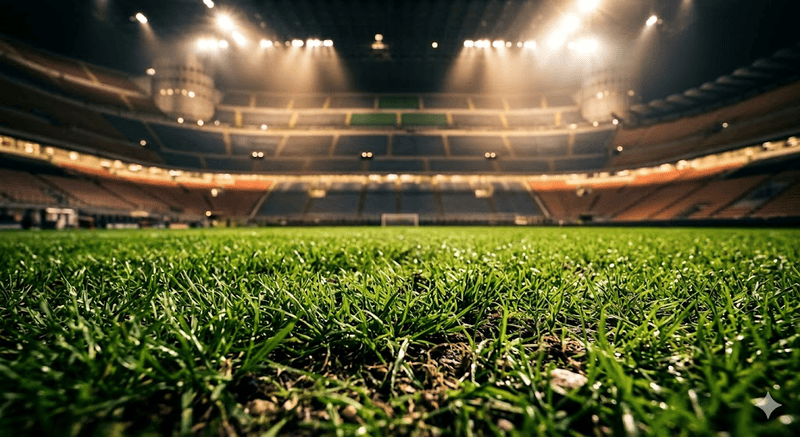 Dettaglio ravvicinato di un prato verde e curato di uno stadio illuminato dai riflettori in notturna, in attesa dell'inizio della gara.