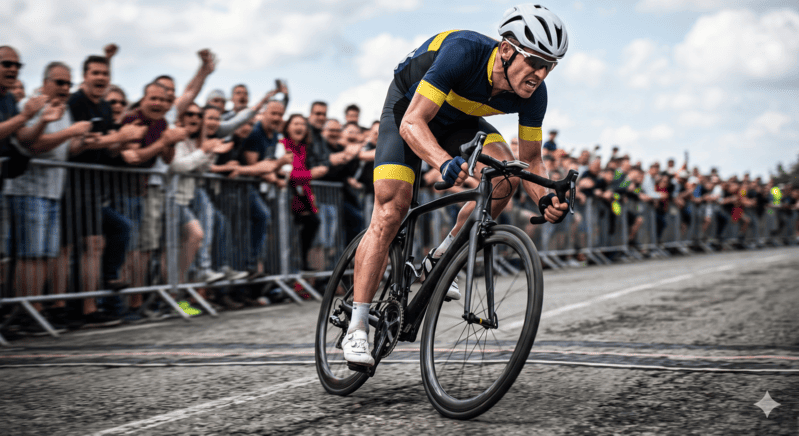 Ciclista scatta verso il traguardo durante il finale di tappa del Giro d'Italia