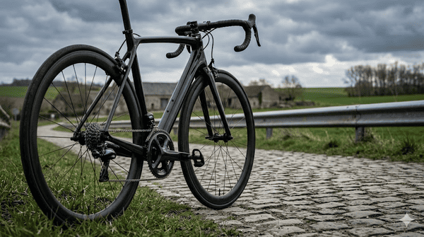 Dettaglio di una bicicletta da corsa professionale parcheggiata su una strada rurale in pavé in attesa di una competizione ciclistica.