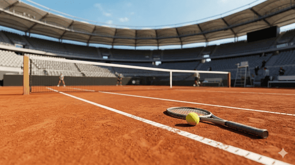 Dettaglio in primo piano della riga bianca e della superficie in terra rossa di un campo da tennis professionale.