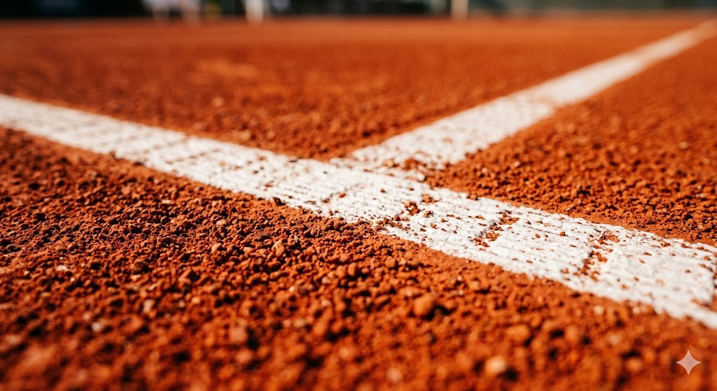 Dettaglio ravvicinato in macrofotografia della granulosità della terra rossa e di una precisa linea bianca su un campo da tennis agonistico, baciato dal sole.