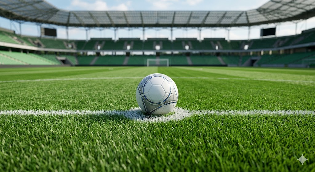 Dettaglio fotografico del manto erboso curato di un campo da calcio professionistico con un pallone ufficiale al centro, illuminato dalla luce naturale, senza scritte o persone.