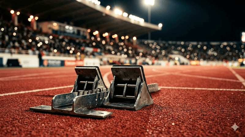 Dettaglio macro cinematografico a livello del suolo di un blocco di partenza in metallo posizionato sulle corsie rosse in tartan di una pista di atletica, senza atleti, con l'intero stadio sfocato sullo sfondo sotto le potenti luci notturne dell'impianto.