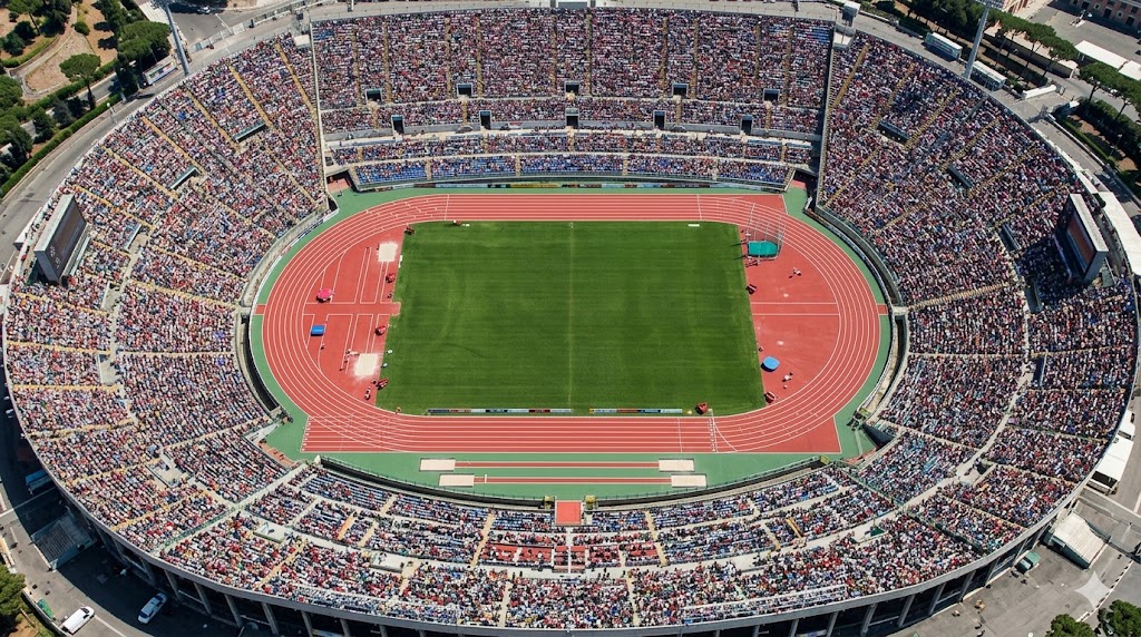 Campo di atletica dello stadio olimpico di roma visto dall'alto. Tribune piene in attesa del Golden Gala 2026