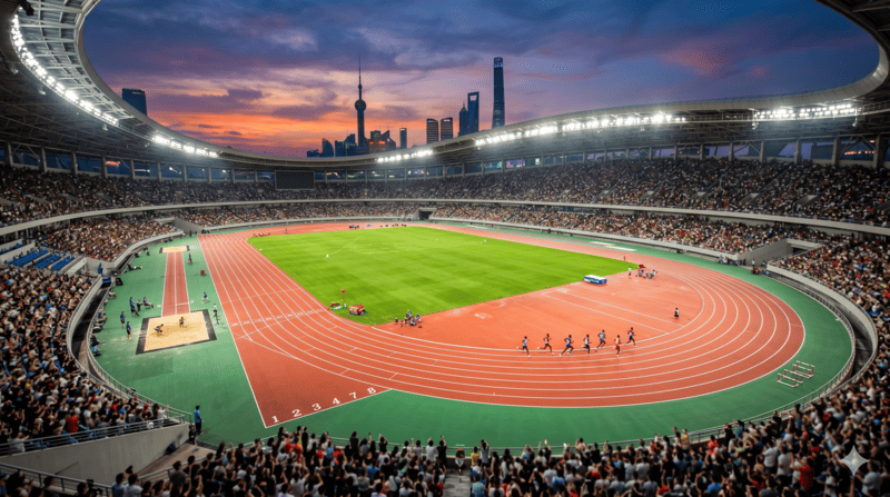 Visuale dello stadio di atletica di Shangai dall'alto, atmosfera notturna