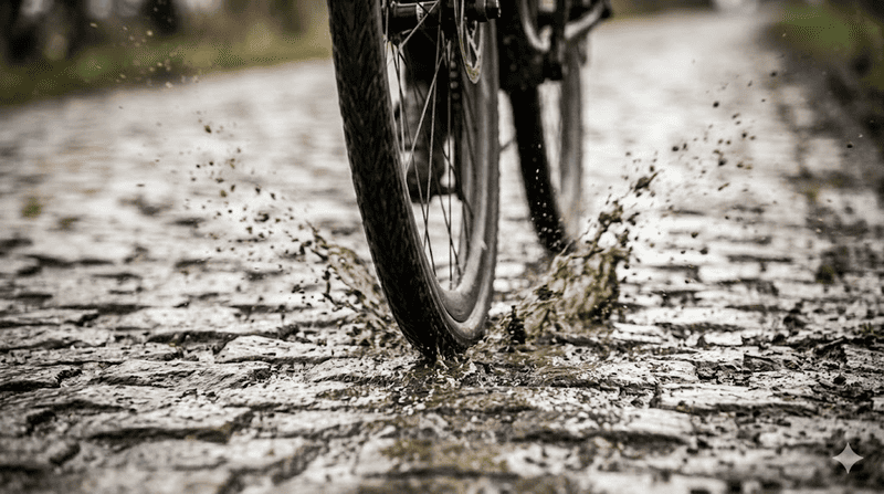 Ruota di bicicletta durante una gara sul pavé transalpino.