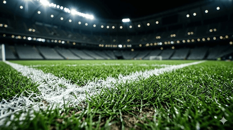 Dettaglio ravvicinato a livello del suolo delle linee bianche su un prato in erba sintetica di un campo da calcio illuminato, con le tribune dello stadio sfocate sullo sfondo.