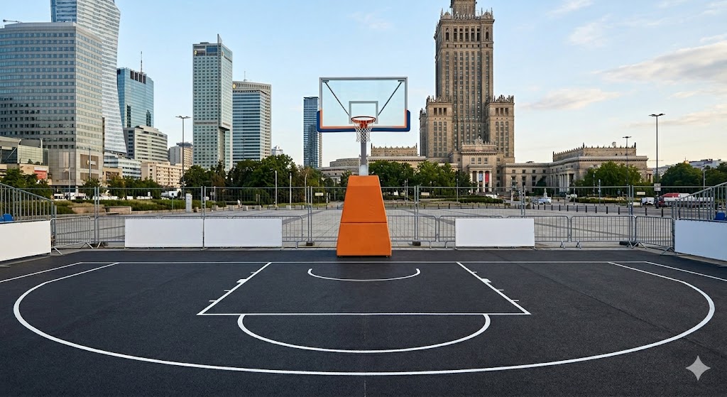 Fotografia professionale di un campo da basket 3x3 all'aperto con tabellone e canestro, asfalto pulito senza pubblico o scritte, che rappresenta l'ambiente urbano delle competizioni internazionali.