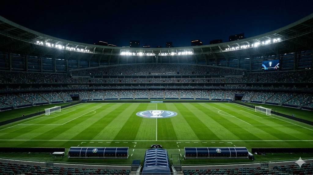 Campo da calcio illuminato dai riflettori in un grande stadio moderno vuoto, in preparazione per una finale internazionale.