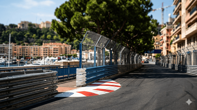 Il celebre cordolo a strisce bianche e rosse del circuito cittadino di Monte Carlo, con i guardrail d'acciaio e l'asfalto in primo piano, illuminato dal sole pomeridiano. Sullo sfondo, sfuocato, il panorama urbano del Principato.