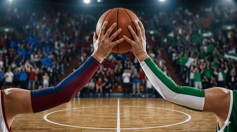Pallone da basket tenuto in equilibrio da due giocatori di Bologna e Avellino