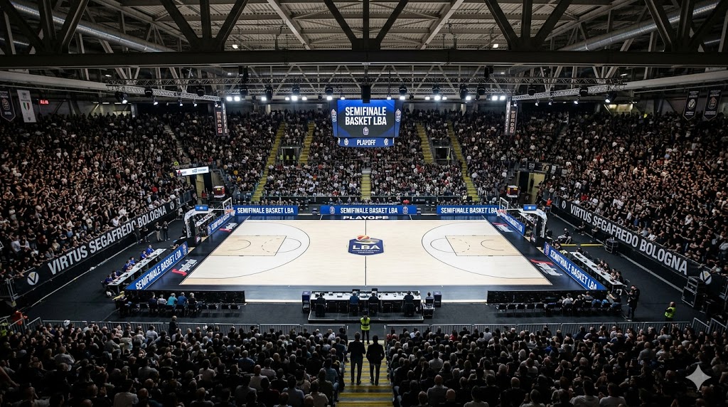 Visuale della virtus Arena dall'alto, pubblico sugli spalti, nessun giocatore in campo, tutto pronto per la semifinale di Basket LBA.