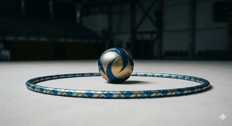 Un cerchio e una palla da ginnastica ritmica blu e oro su un tappetino bianco in un palazzetto dello sport, senza persone o loghi.