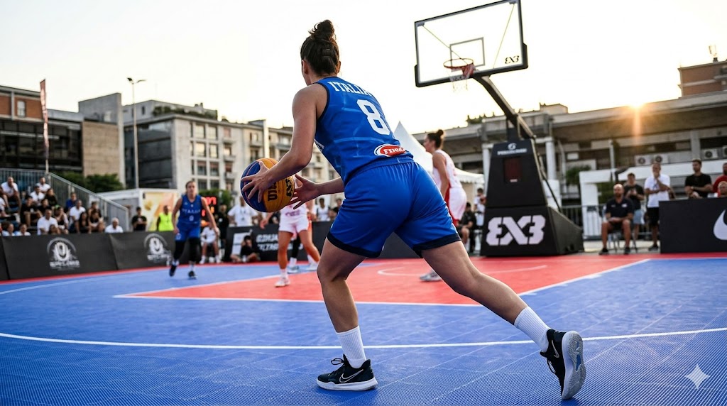 Un'atleta della Nazionale Italiana di basket 3x3 palla in mano pronta ad attaccare il canestro, vista di spalle.