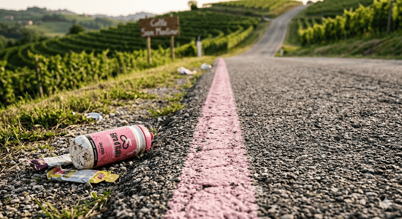 Dettaglio ravvicinato dell'asfalto in salita con linea rosa tra i vigneti del Veneto e una borraccia abbandonata, simbolo delle fatiche del Giro d'Italia.