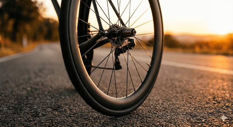 Dettaglio macro cinematografico a livello strada della ruota e dei raggi di una bicicletta da corsa professionale in carbonio, illuminata dalla luce del tramonto. Nessun volto o scritta presente.