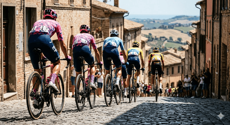 Gruppo di ciclisti professionisti affronta una ripida salita in un borgo italiano durante una gara su strada.