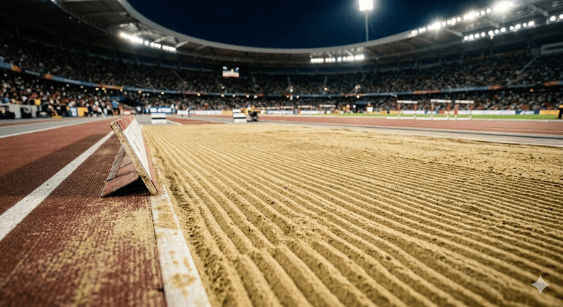 Dettaglio ravvicinato della sabbia rastrellata di una buca per il salto in lungo in uno stadio di atletica leggera illuminato dai riflettori notturni.
