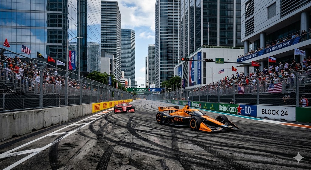 Circuito automobilistico cittadino con muretti di cemento e spessi segni di pneumatici sull'asfalto, circondato dai grattacieli moderni di una metropoli americana.