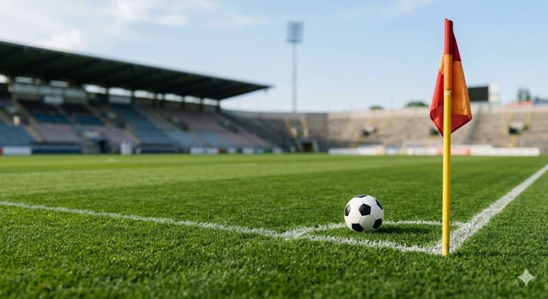 Dettaglio ravvicinato di un pallone sull'erba illuminata di uno stadio, in attesa del fischio d'inizio per il match degli Europei Under 17.