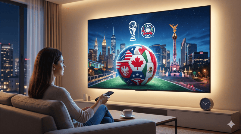 Guida visiva su dove vedere i Mondiali 2026 in TV in Italia. L'immagine mostra una TV con i loghi di Rai (in chiaro), Sky e DAZN (pay), e un orologio che spiega il fuso orario: "Italia: 21:00 | USA: 15:00". Testo centrale grande: "MONDIALI 2026 IN TV - ORARI ITALIANI & FUSO ORARIO - LA TUA GUIDA PRATICA". Inclusa l'icona di TVSportOggi.
