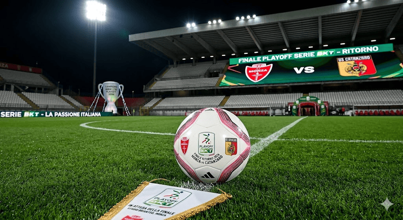 Dettaglio in primo piano di un pallone da calcio appoggiato sull'erba illuminata di uno stadio notturno, in attesa della finale dei Playoff di Serie B.