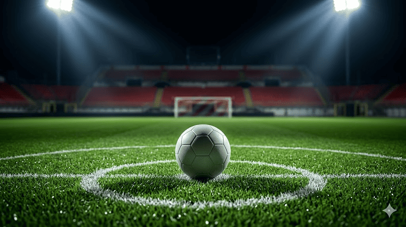 Una fotografia ravvicinata di un pallone da calcio moderno che riposa perfettamente sul punto di battuta centrale di un campo da calcio professionale
