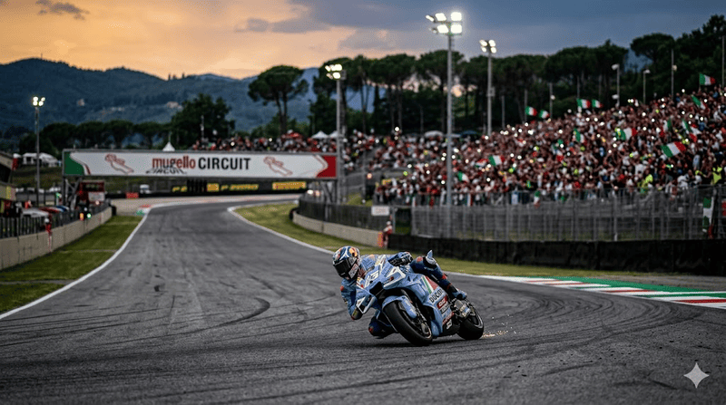 Moto da corsa impegnata sul tracciato del Mugello.