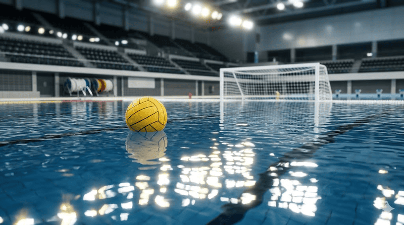 Dettaglio di un pallone da pallanuoto giallo che galleggia sull'acqua increspata di una piscina olimpionica illuminata e priva di atleti.