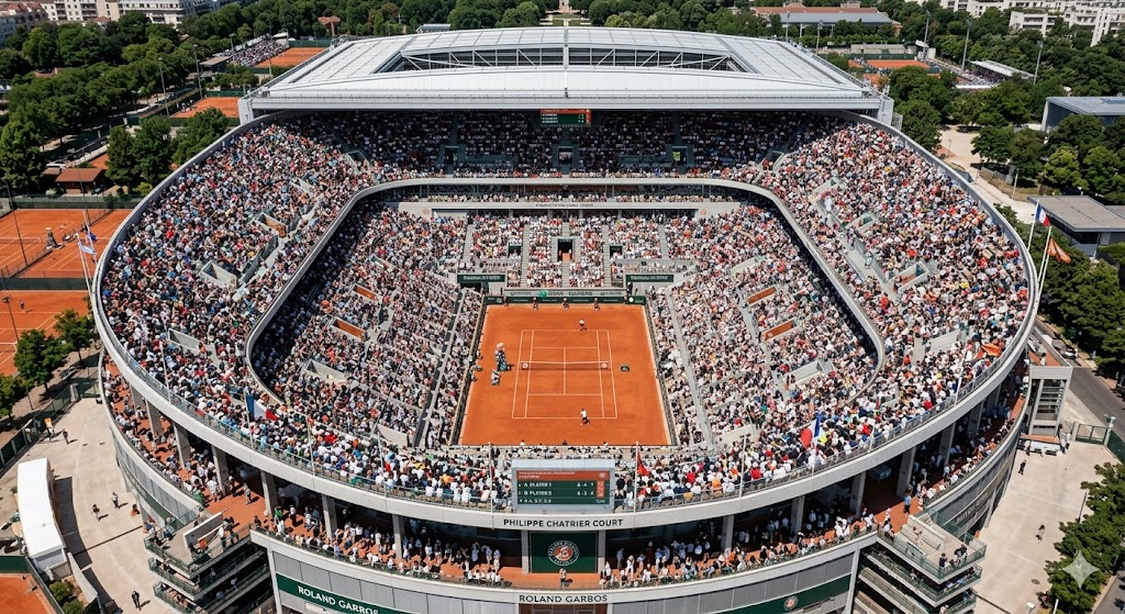 Visuale dall'alto del centrale del Roland Garros prima degli ottavi di finale del torneo maschile.