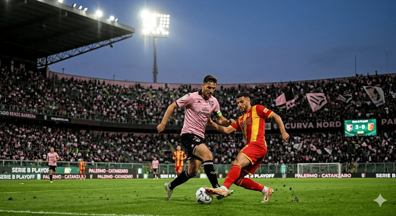 Un'azione di gioco sul campo dello Stadio Renzo Barbera durante la partita Palermo-Catanzaro, con un calciatore in maglia rosa e uno in maglia giallorossa che si contendono il pallone davanti agli spalti gremiti di tifosi di sera.