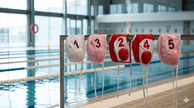 Cuffie femminili di pallanuoto a bordo piscina.