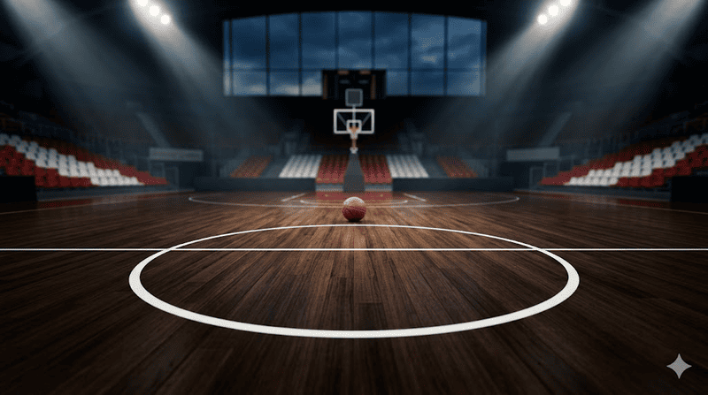 Un'inquadratura ravvicinata e professionale di una palla da basket, atmosfera serale.