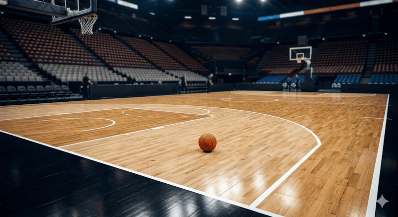 Il parquet illuminato di un grande palazzetto dello sport vuoto, pronto per una partita di basket professionistico, con i riflettori che puntano sul campo.