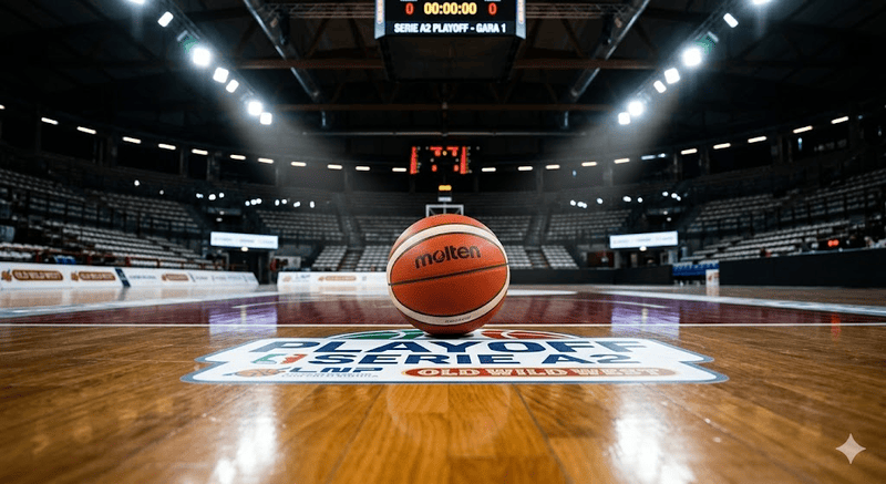 Un pallone da basket illuminato dai riflettori sul parquet lucido del palasport, pronto per l'inizio dei Playoff di Serie A2.