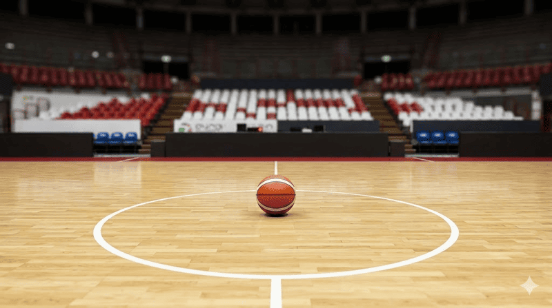 Pallone al centro di un campo da basket in attesa dei giocatori.