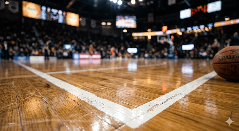 Dettaglio a livello del parquet lucido di un campo da pallacanestro professionistico, con le linee di demarcazione ben visibili e i riflettori del palazzetto sfocati sullo sfondo.