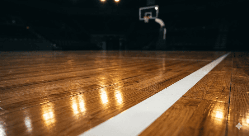 Dettaglio del parquet lucido di un campo da basket professionistico illuminato, con la linea laterale bianca e il canestro sfocato sullo sfondo.