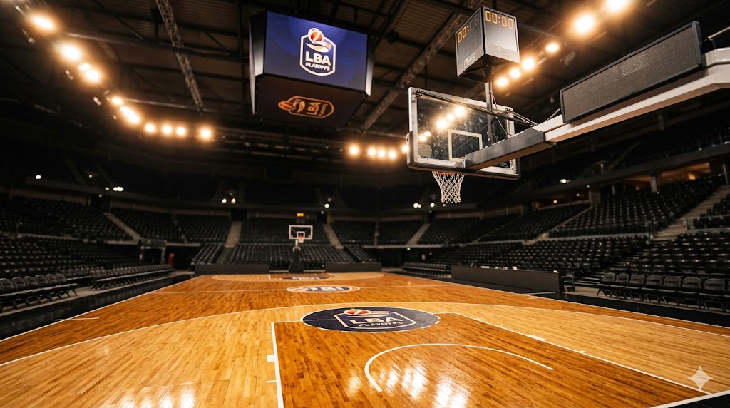 Campo da basket in parquet lucido con canestro e rete, illuminato dai riflettori prima di una partita ufficiale dei playoff.